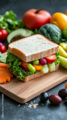 Fresh vegetable sandwich on wooden board surrounded by assorted healthy ingre...