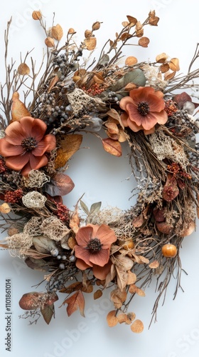 Decorative autumn wreath with floral details and natural elements for seasona...
