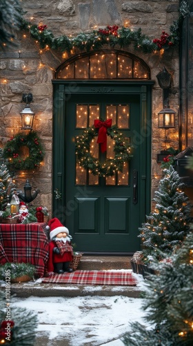 Charming holiday entrance adorned with wreath, lights, and festive decorations
