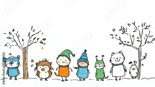 Wallpaper Mural Whimsical Illustration of Cute Animals and Children in Colorful Winter Outfits with Trees and Leaves Torontodigital.ca