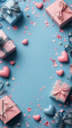 Colorful gifts and hearts create a festive atmosphere on a blue background fo...