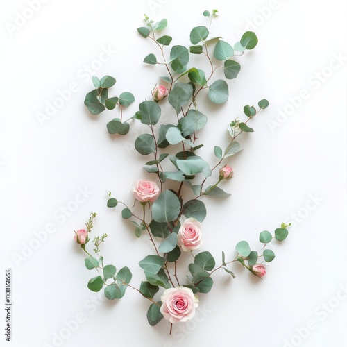Botanical arrangement featuring pink roses and eucalyptus on a clean white ba...