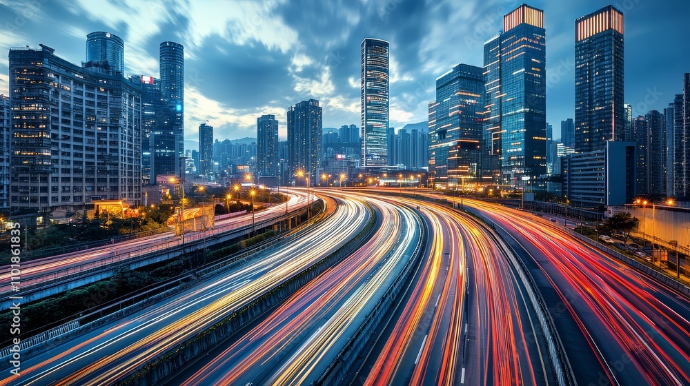 Fototapeta premium A dynamic cityscape at dusk, showcasing vibrant traffic trails and modern skyscrapers under a dramatic sky.