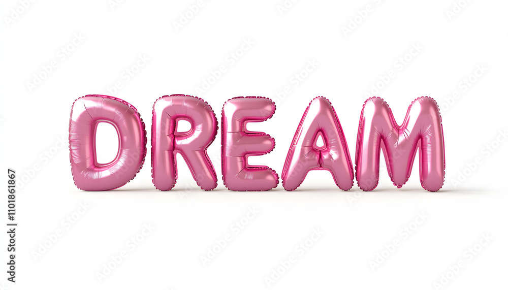 Metallic pink balloon spelling DREAM on solid white background symbolizing love and affection for Valentine's Day Metallic pink balloon spelling DREAM on solid white background symbolizing love and affection for Valentine's Day