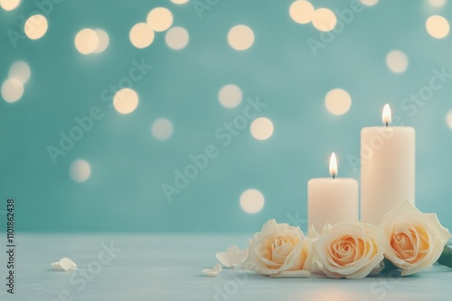 Soft glow of candles and delicate roses creates a serene atmosphere for relax...
