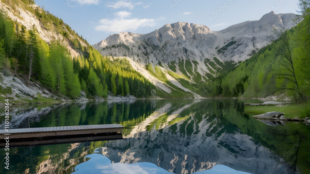 A beautiful lake with mountains and trees along its shore A beautiful lake with mountains and trees along its shore