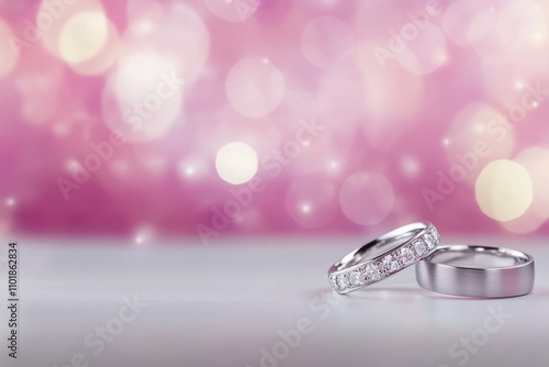 Two elegant wedding rings on a soft surface with a sparkling bokeh background
