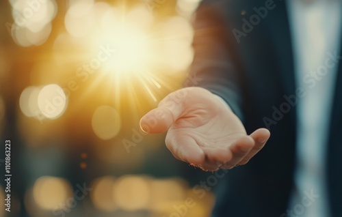 Businessman with a confident smile greeting the sunrise in an urban setting d...