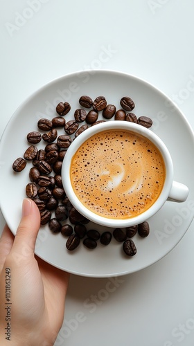 Coffee in a white cup on a plate with coffee beans scattered on a table