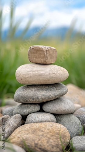 Stacked stones and wood in a natural setting near a blurred landscape during ...