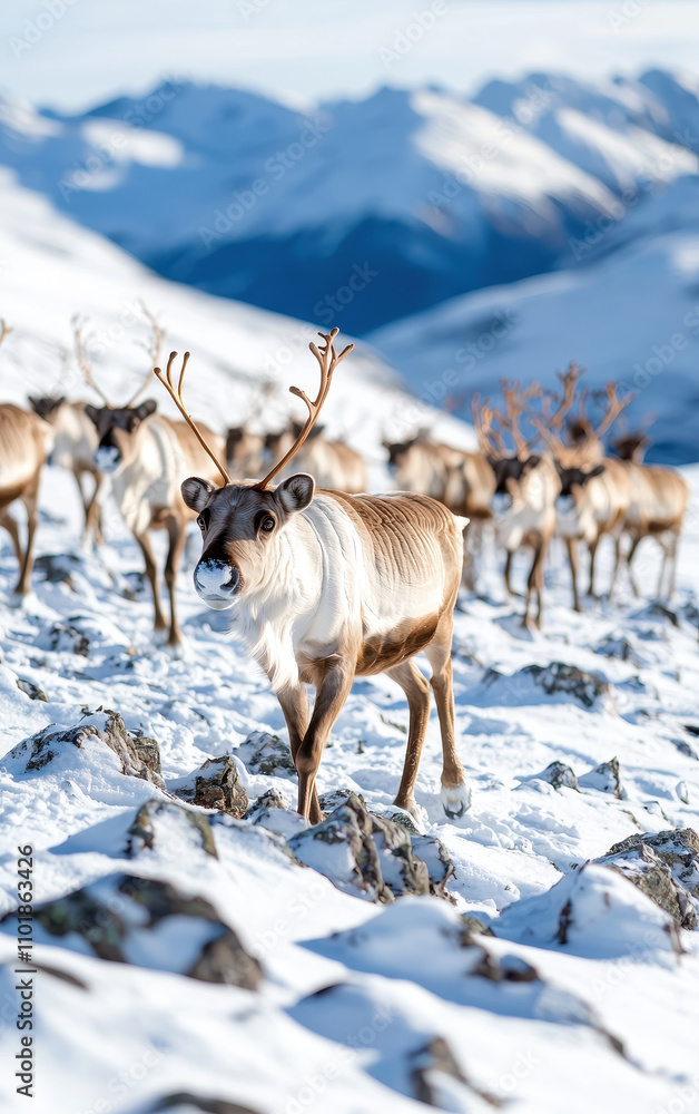 herd of reindeer navigating rocky, snow covered terrain in mountainous landscape. scene captures beauty of nature and resilience of wildlife in winter herd of reindeer navigating rocky, snow covered terrain in mountainous landscape. scene captures beauty of nature and resilience of wildlife in winter