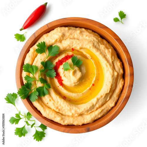 Chickpea hummus in a wooden bowl garnished with parsley paprika and olive oil isolated on white background