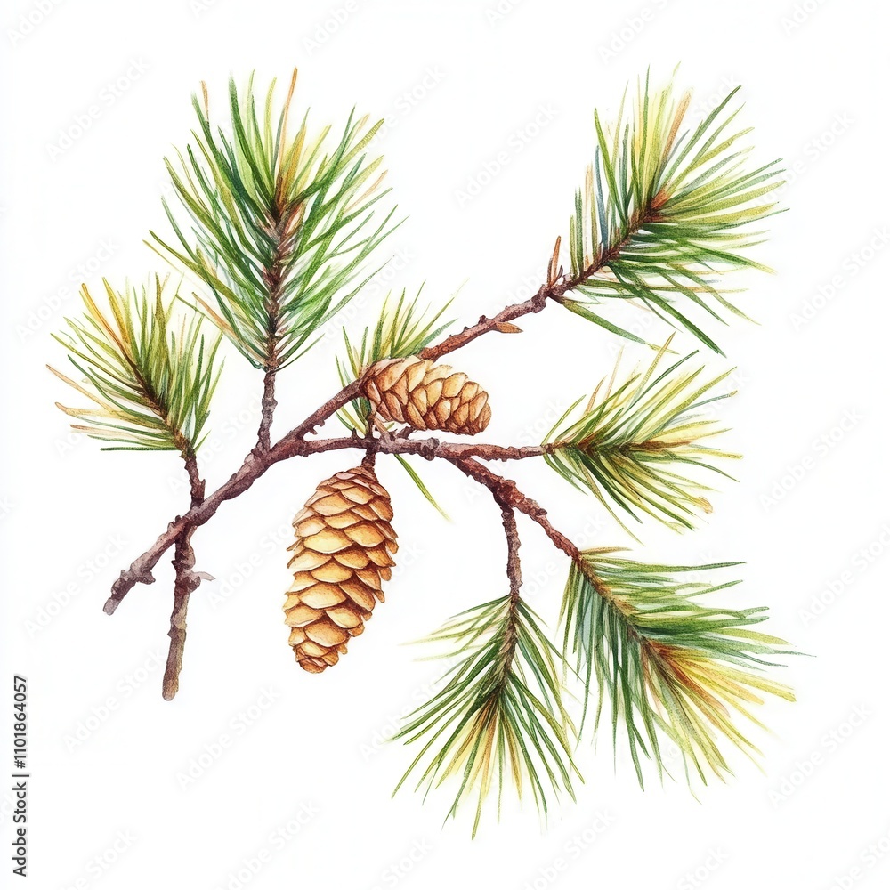 Detailed illustration of pine branch with cones and needles. Detailed illustration of pine branch with cones and needles.
