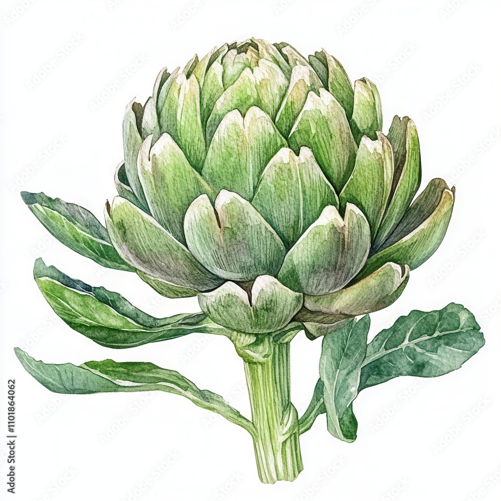 Detailed illustration of a green artichoke against a white background. Detailed illustration of a green artichoke against a white background.