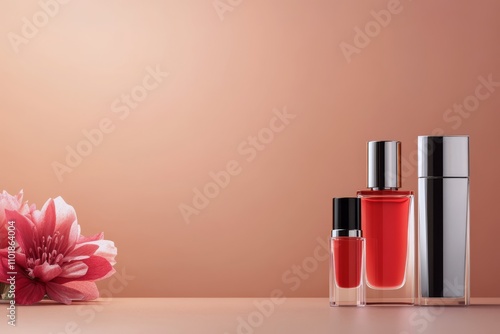 Elegant display of beauty products on a pastel background with soft floral ac...