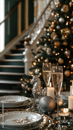 Elegant holiday dining setup with silver horse decor and twinkling lights in ...