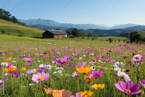 Vibrant wildflowers blooming in a meadow near a rustic wooden cabin on a cloudy day photo