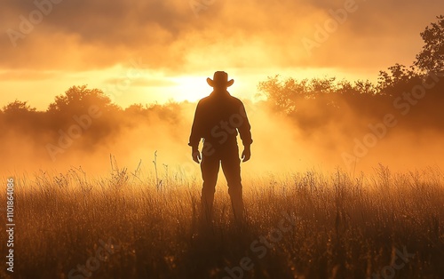 Silhouette of a man standing alone in the middle of a foggy field, symbolizing faith, strength, and spiritual reflection, with soft mist enveloping the scene