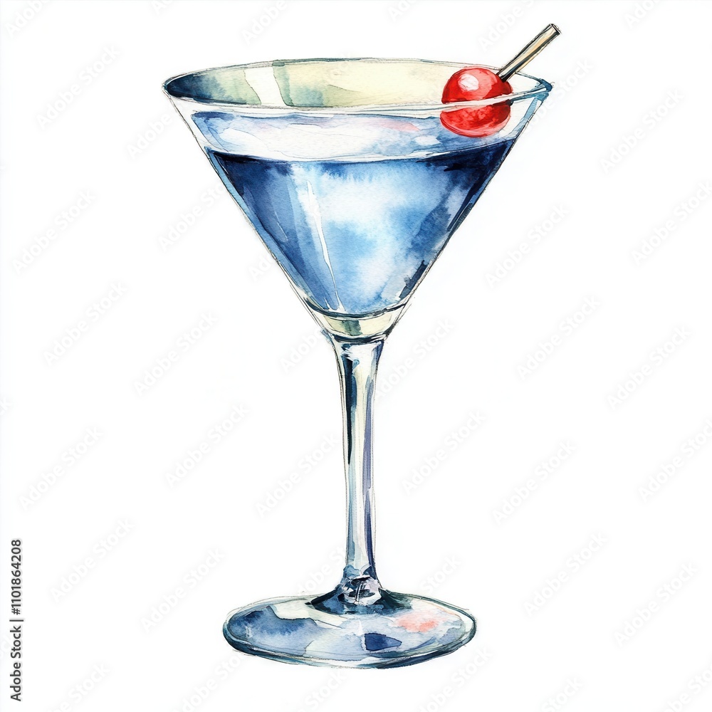 Elegant martini glass with blue cocktail and cherry garnish. Elegant martini glass with blue cocktail and cherry garnish.