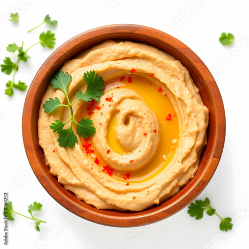 Chickpea hummus in a wooden bowl garnished with parsley paprika and olive oil isolated on white background