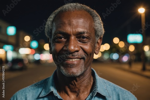 Close portrait of a smiling senior Trinidadian man looking at the camera, Trinidadian city outdoors at night blurred background