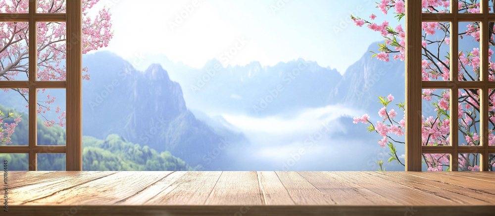Chinese New Year & mid autumn festival Celebration : Oriental Window Frame, Peach Blossoms, Misty Mountains, Empty Display Table, Product Display Chinese New Year & mid autumn festival Celebration : Oriental Window Frame, Peach Blossoms, Misty Mountains, Empty Display Table, Product Display
