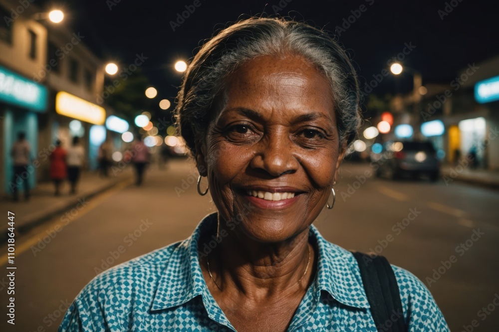 Close portrait of a smiling senior Trinidadian woman looking at the camera, Trinidadian city outdoors at night blurred background Close portrait of a smiling senior Trinidadian woman looking at the camera, Trinidadian city outdoors at night blurred background