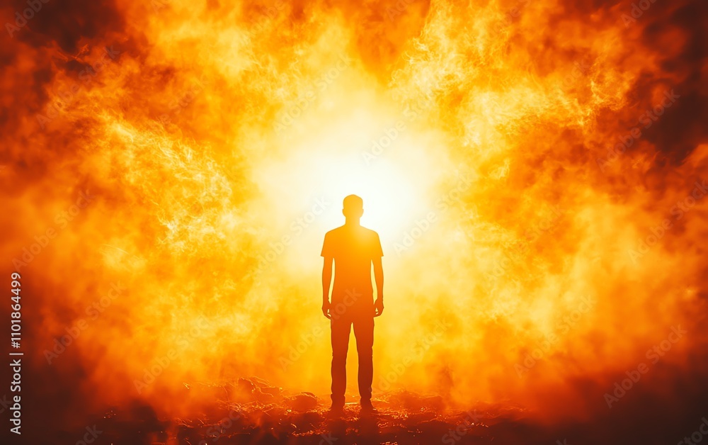 Silhouette of a man standing in front of the sun, his posture representing faith and strength, with the sun s rays creating a divine glow around him Silhouette of a man standing in front of the sun, his posture representing faith and strength, with the sun s rays creating a divine glow around him