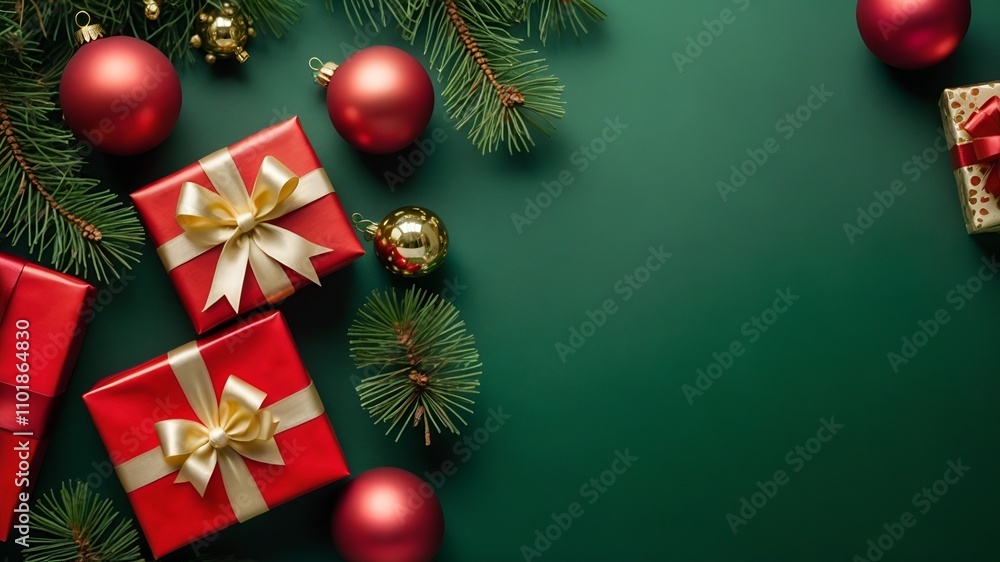 Red gifts with golden bows. Greetings card. Red gifts with golden bows. Greetings card.