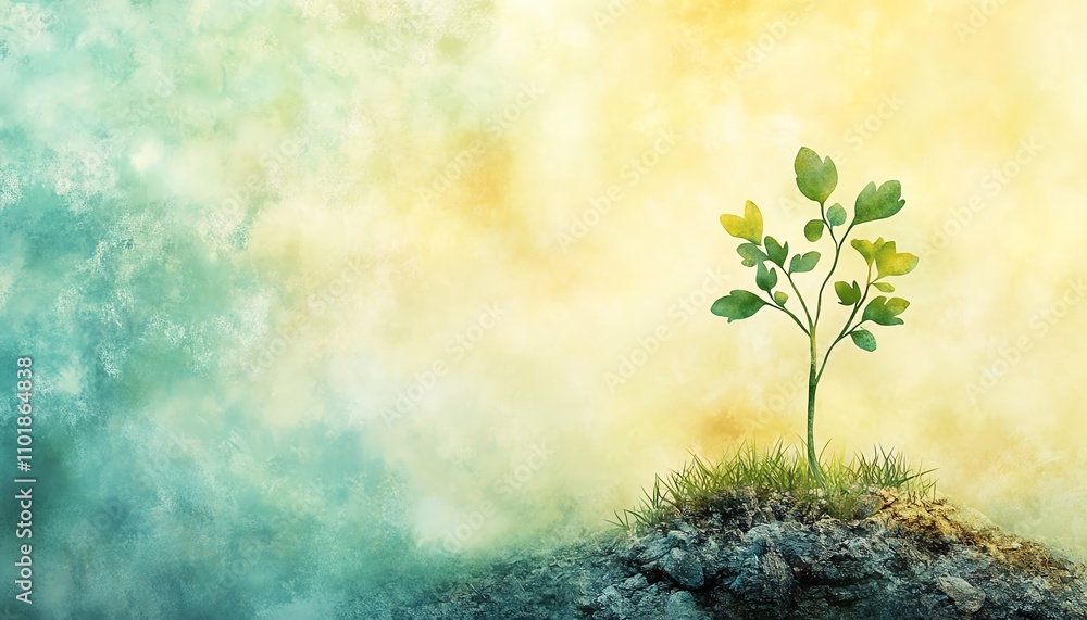 A delicate mustard seed sprouting into a tiny plant, set against a soft watercolor background of a large tree, representing growth and potential A delicate mustard seed sprouting into a tiny plant, set against a soft watercolor background of a large tree, representing growth and potential