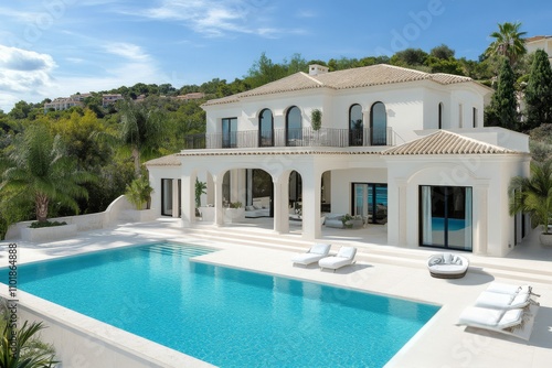 Modern villa with pool and luxury car in a lush garden setting during daytime