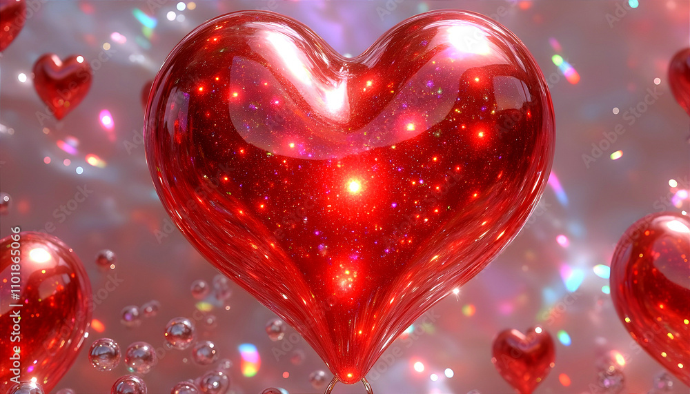 A shiny, balloon-like heart with light, with smaller hearts surrounding it. A shiny, balloon-like heart with light, with smaller hearts surrounding it.