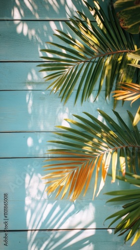 Palm leaves casting shadows on a blue wooden background in bright daylight