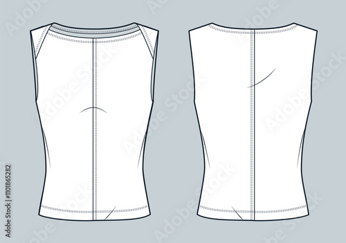 Boat Neck Top technical fashion illustration. Sleeveless Tee Shirt fashion flat technical drawing template, slim fit, front and back view, white, women, men, unisex CAD mockup.