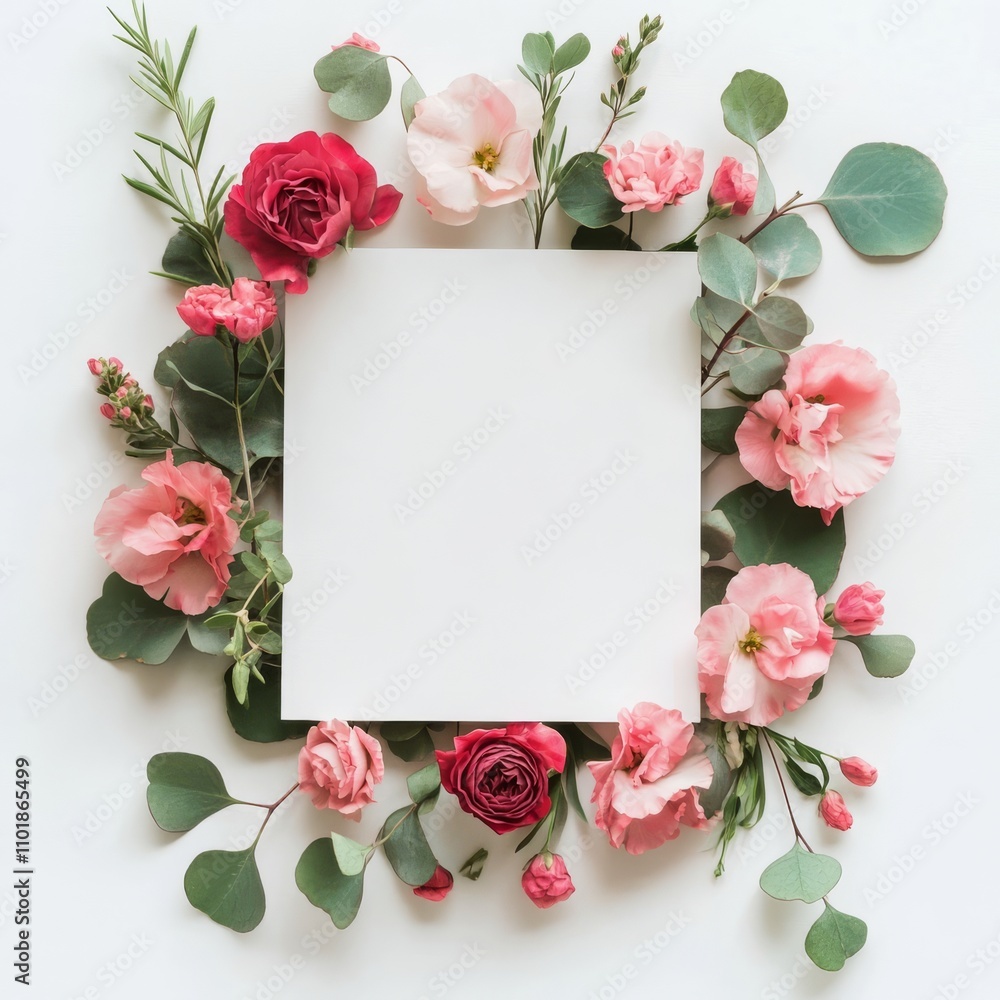 Floral arrangement with empty square space for text surrounded by vibrant blooms Floral arrangement with empty square space for text surrounded by vibrant blooms