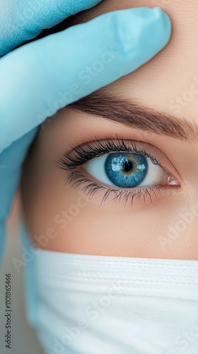Medical professional wearing protective equipment with focus on the eyes and ...