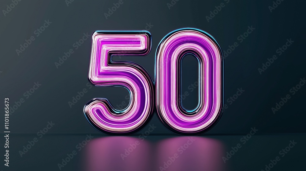 Neon-style number 50 with pink and purple glowing outlines on a dark reflective surface background in modern design Neon-style number 50 with pink and purple glowing outlines on a dark reflective surface background in modern design