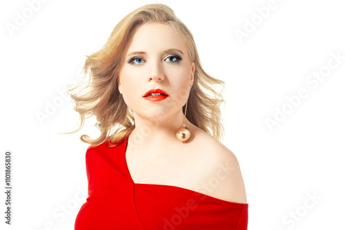 Glamorous Woman in Red Dress Isolated on White Background