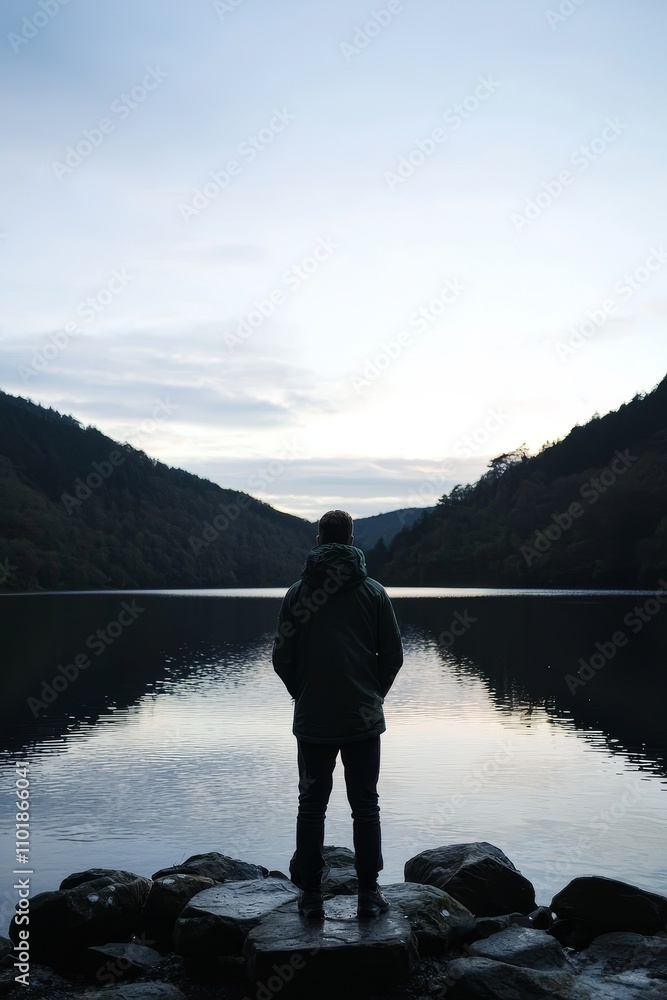 An Irish man with a green jacket standing on a stone in Glendalough Lake An Irish man with a green jacket standing on a stone in Glendalough Lake