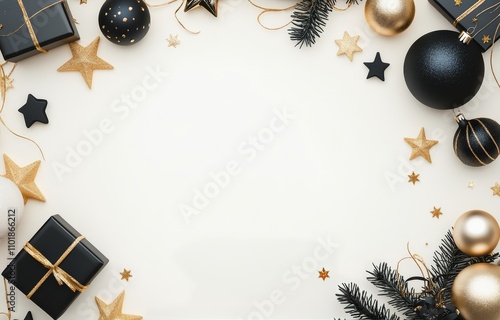 Festive arrangement of black and gold ornaments, gifts, and stars for a celeb...