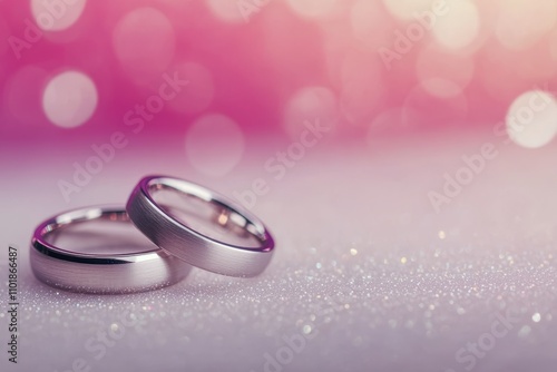 Two elegant wedding rings on a soft surface with a sparkling bokeh background