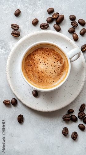 Coffee in a white cup on a plate with coffee beans scattered on a table