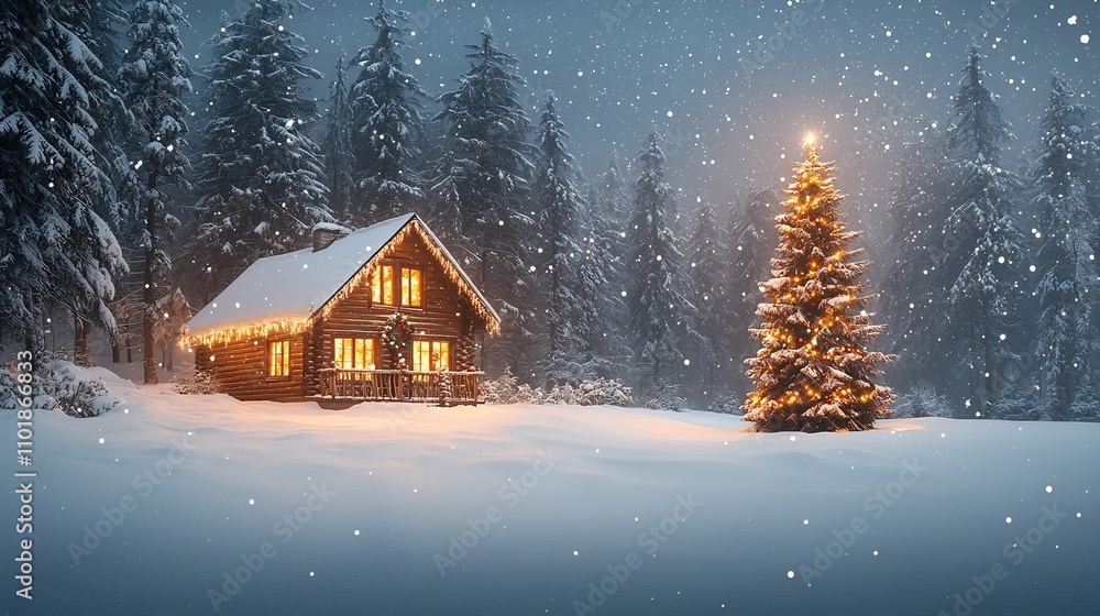 Cozy Winter Cabin in Snowy Forest with Glowing Christmas Tree and Twinkling Starry Night Sky Cozy Winter Cabin in Snowy Forest with Glowing Christmas Tree and Twinkling Starry Night Sky