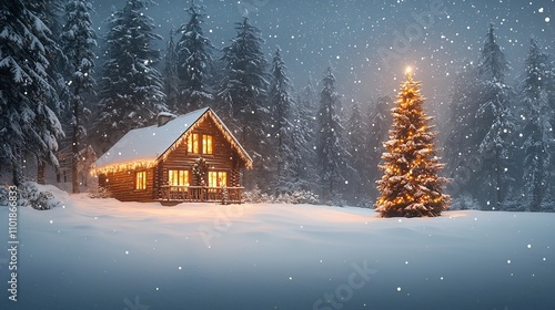 Cozy Winter Cabin in Snowy Forest with Glowing Christmas Tree and Twinkling Starry Night Sky