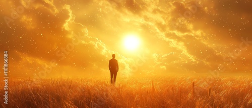 A man standing tall in the middle of a field, gazing at the sun, with a powerful connection to faith and nature, surrounded by golden light and open space