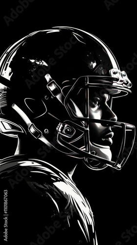 Football player in profile wearing helmet against dark background during a ga...