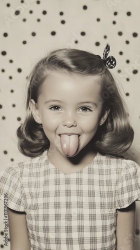Happy child sticking out tongue while smiling at indoor setting in afternoon ...