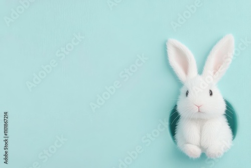 White rabbit peeking from a hole in a mint green background during daylight h...