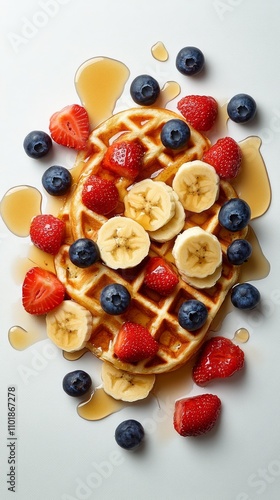 Delicious waffles topped with fresh fruit and syrup on a light background