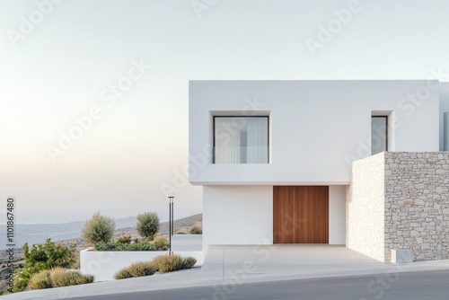 Modern residential architecture blending with desert landscape in a serene en...